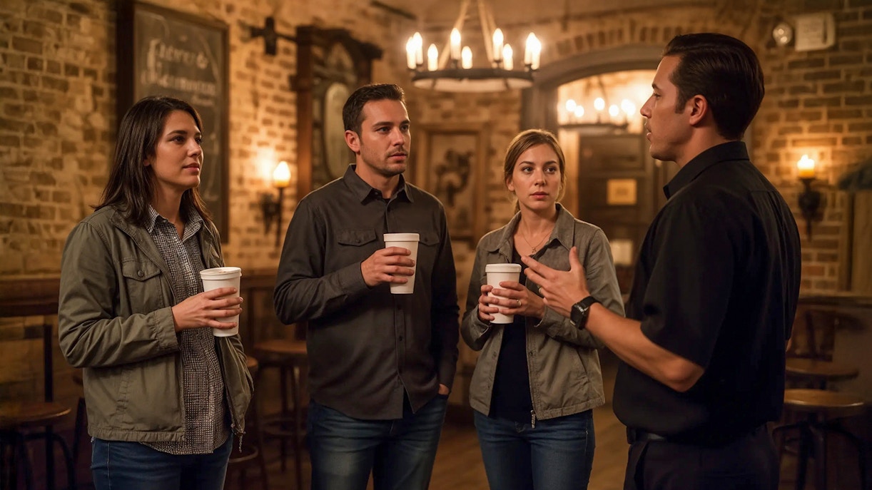 Guided tour group exploring a haunted pub in New Orleans at night.