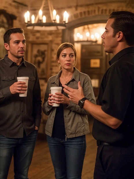 Tour group listening to a guide during a haunted pub crawl in New Orleans.