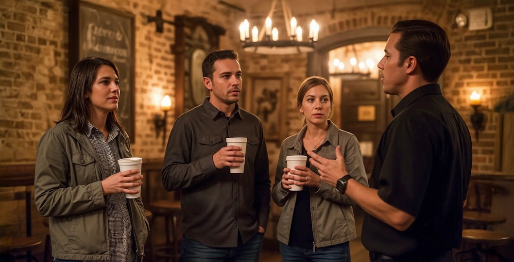 Tour group listening to a guide during a haunted pub crawl in New Orleans.