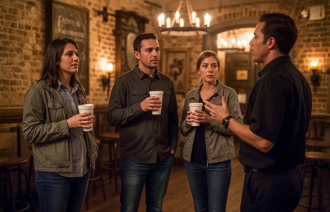 Tour group listening to a guide during a haunted pub crawl in New Orleans.