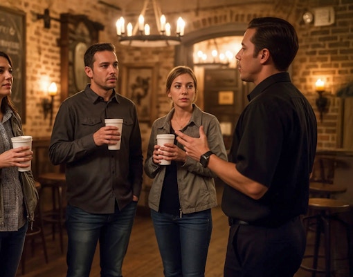 Tour group listening to a guide during a haunted pub crawl in New Orleans.