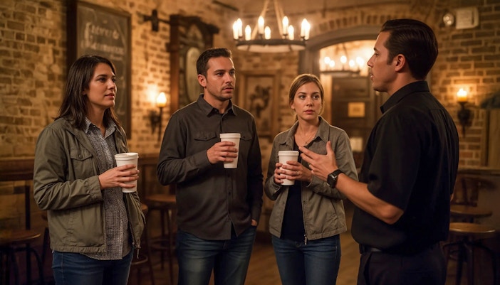 Tour group listening to a guide during a haunted pub crawl in New Orleans.