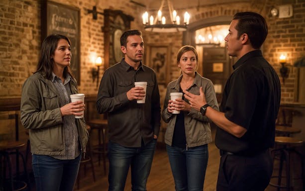 Tour group listening to a guide during a haunted pub crawl in New Orleans.