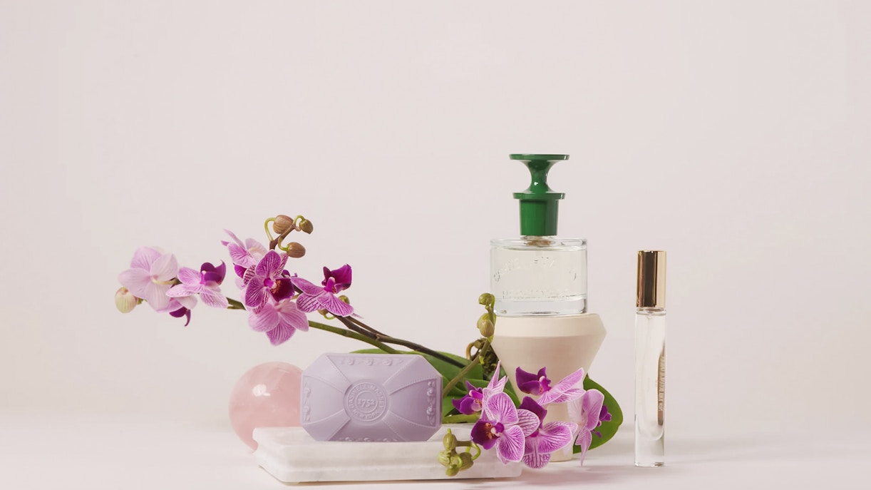 Perfume bottles and soap with orchids at NYBG shop.