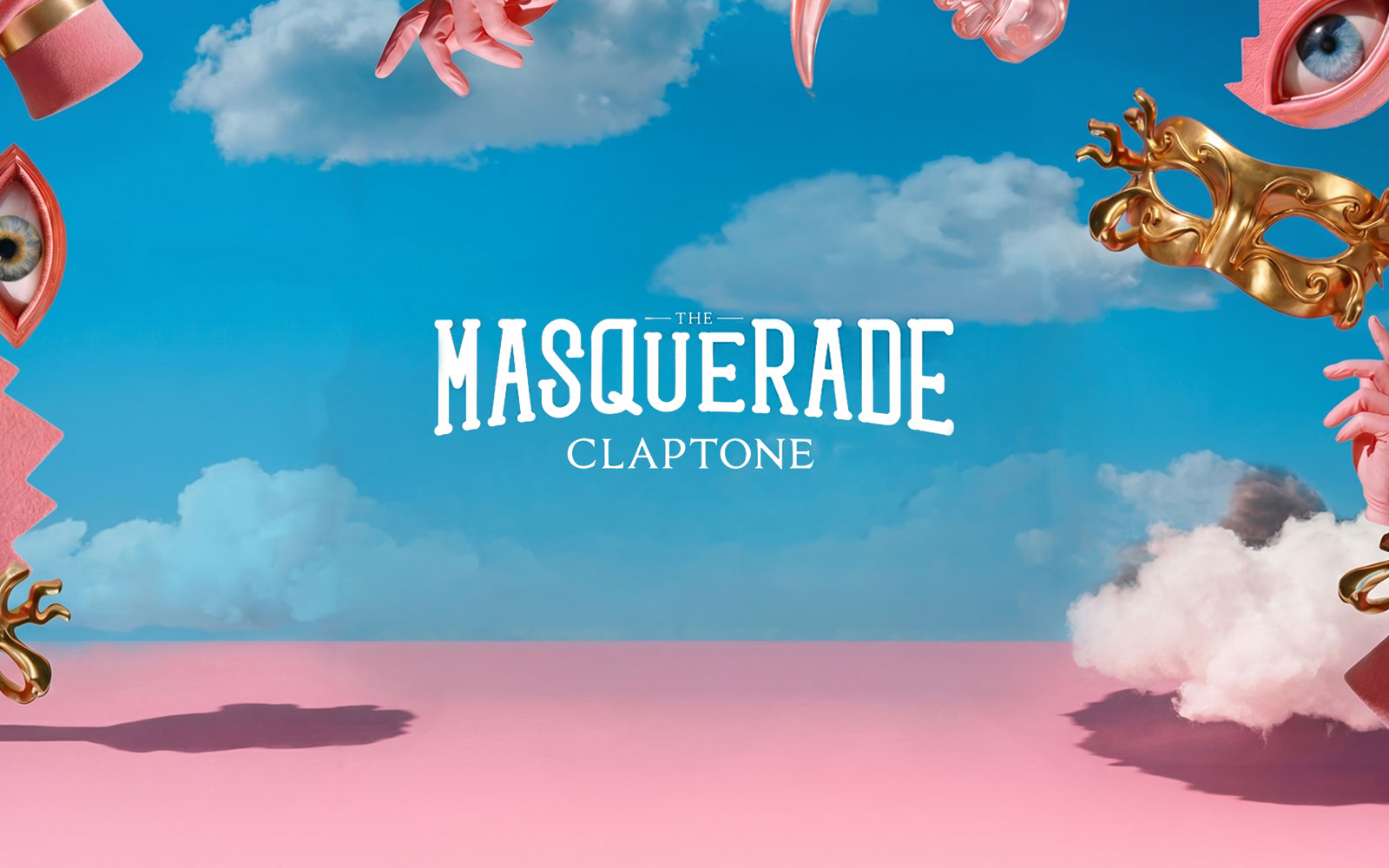 The Masquerade by Claptone logo with surreal elements, Ibiza event promotion.