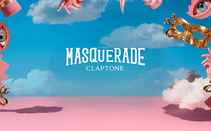 The Masquerade by Claptone logo with surreal elements, Ibiza event promotion.
