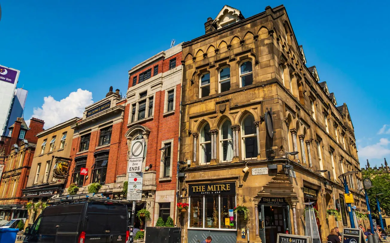 Historic buildings on Cateaton Street, Manchester, featured in the 80s & 90s music exploration game.