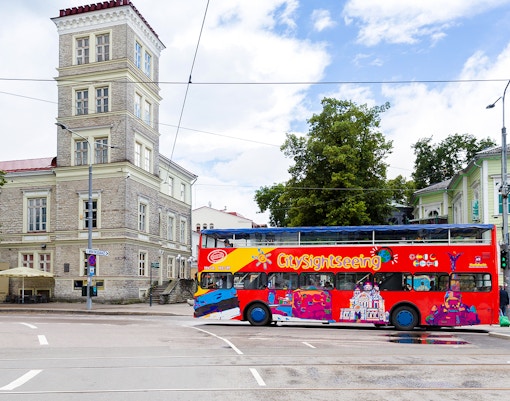 Red double-decker bus on a New Orleans street, part of the City Sightseeing 1-Day Hop-On Hop-Off Bus Tour.