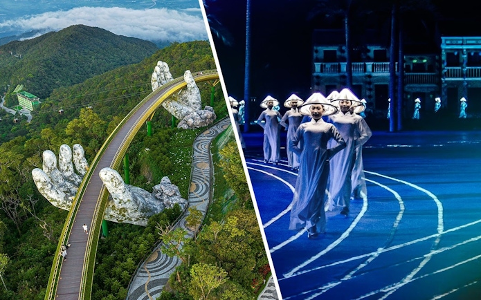 Golden Bridge at Sun World Ba Na Hills and performers at Hoi An Memories Show, Vietnam.