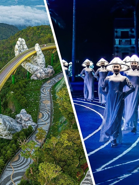 Golden Bridge at Sun World Ba Na Hills and performers at Hoi An Memories Show, Vietnam.