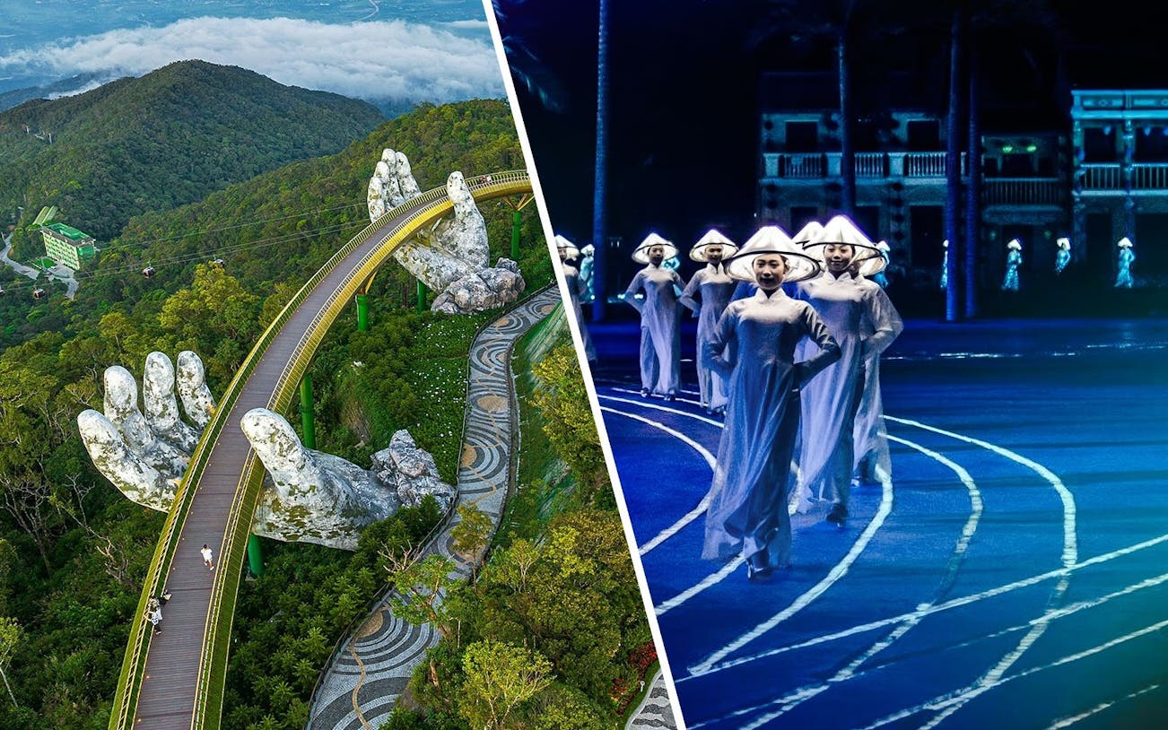 Golden Bridge at Sun World Ba Na Hills and performers at Hoi An Memories Show, Vietnam.