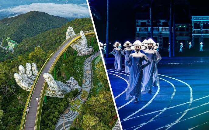 Golden Bridge at Sun World Ba Na Hills and performers at Hoi An Memories Show, Vietnam.