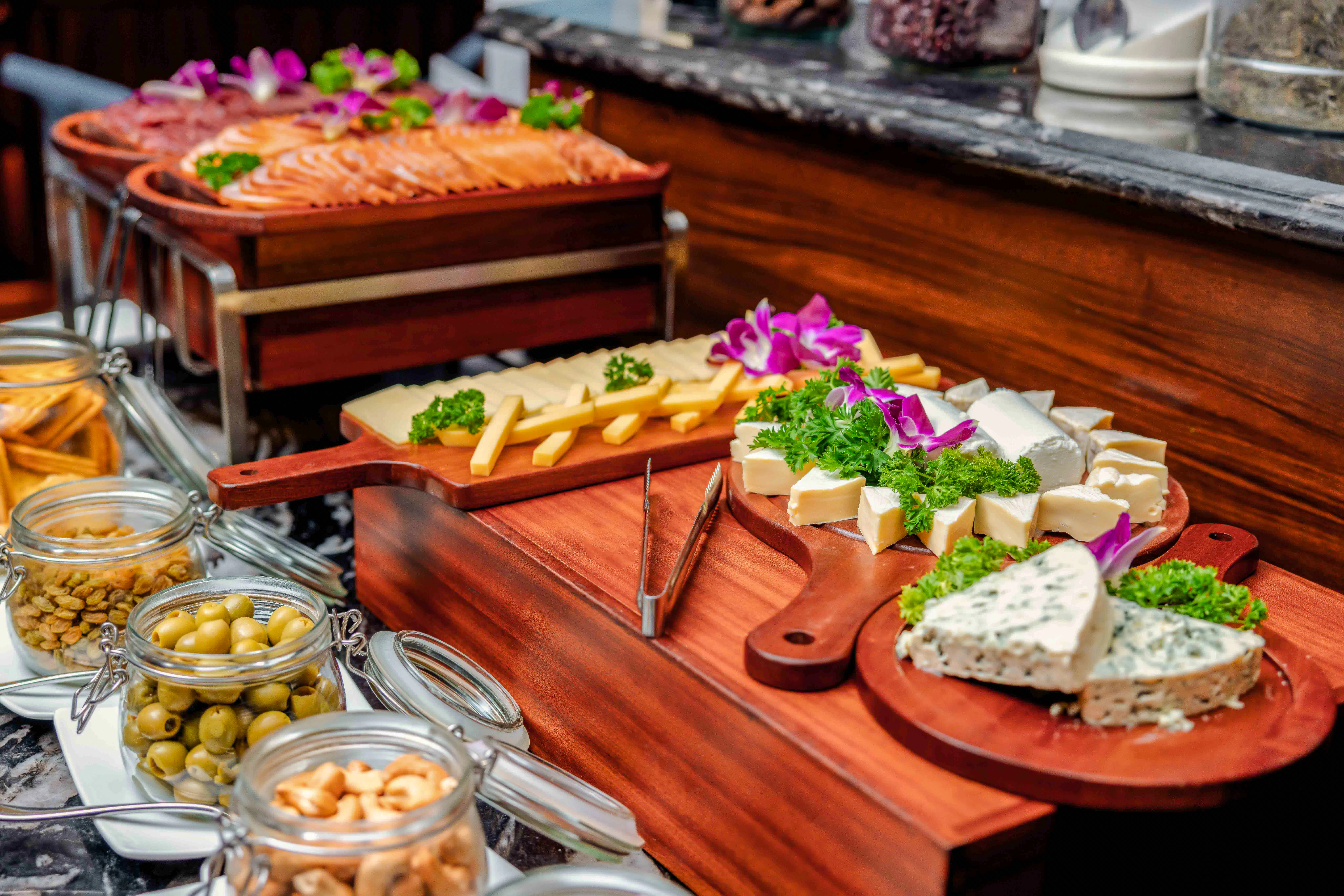 Cheese and charcuterie spread on a cruise in Ho Chi Minh City.
