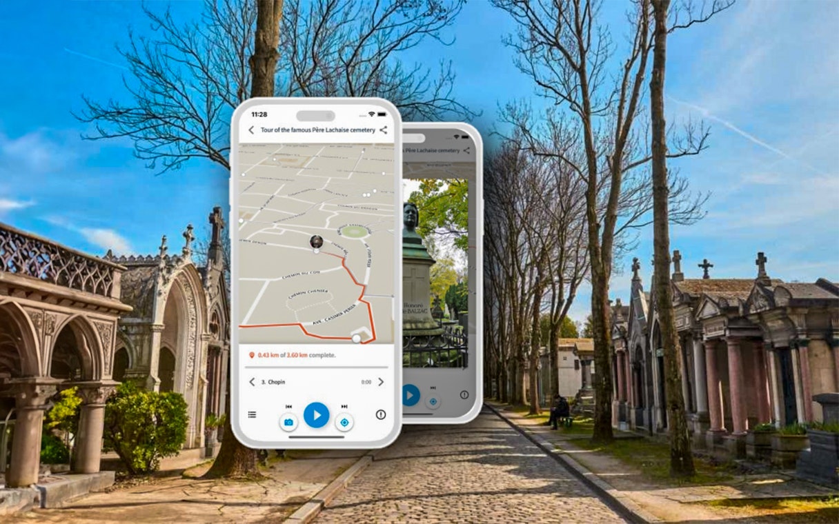 Père Lachaise Cemetery path with audio guide app on screen, Paris tour.