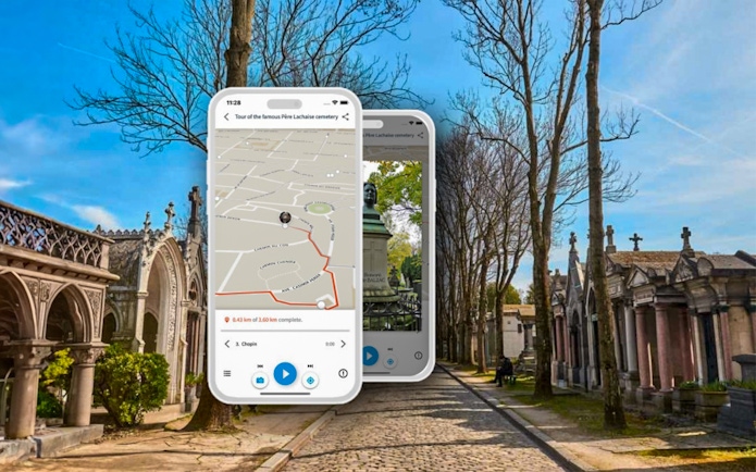 Père Lachaise Cemetery path with audio guide app on screen, Paris tour.