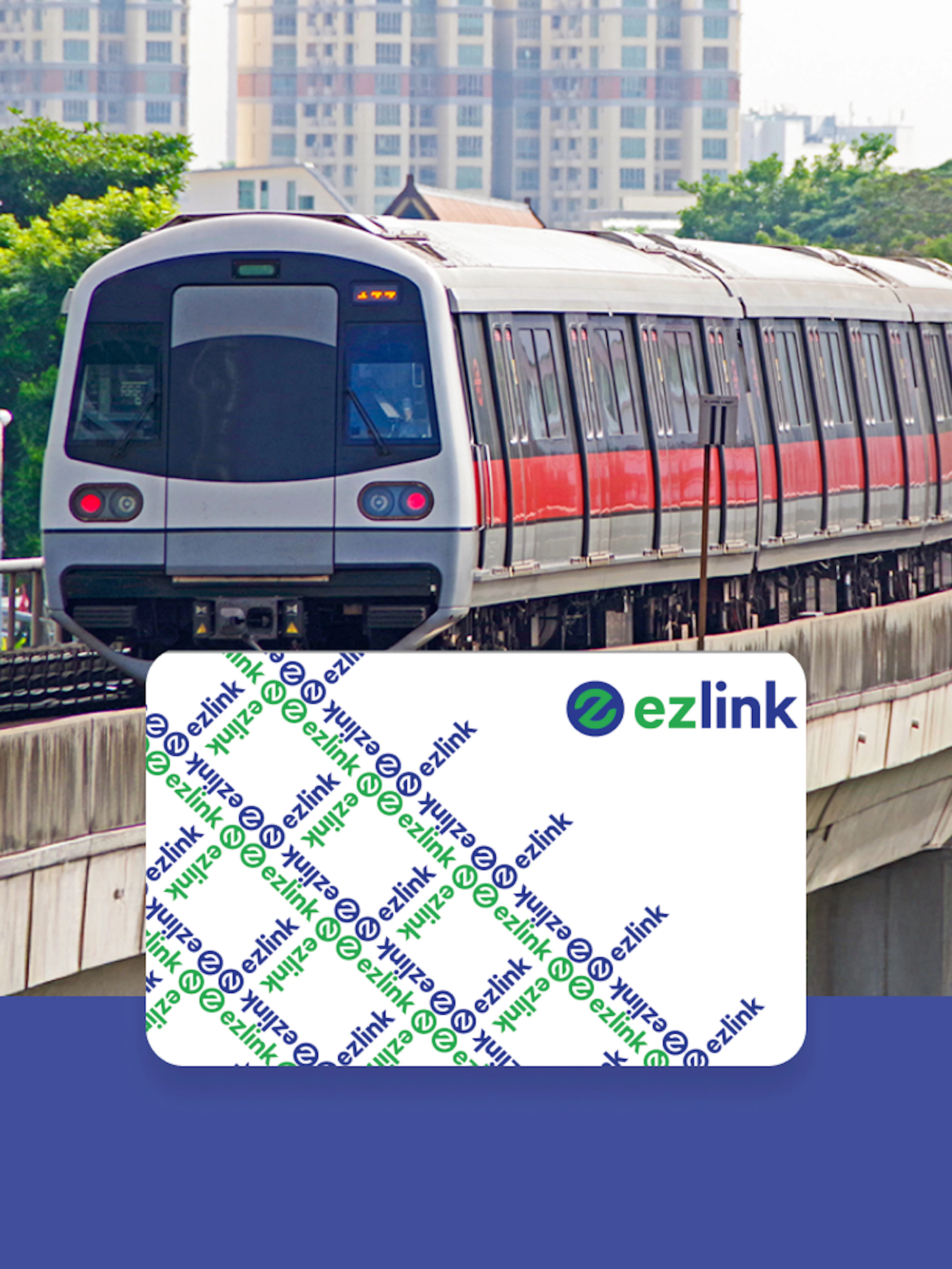 Singapore MRT train on elevated track with EZ-Link card overlay.