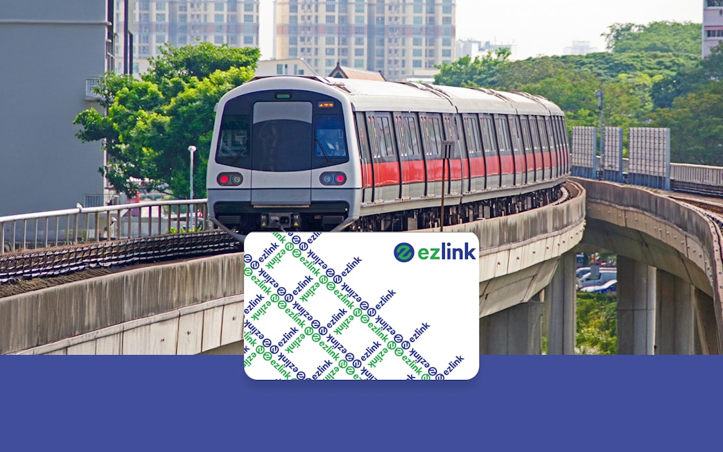 Singapore MRT train on elevated track with EZ-Link card overlay.