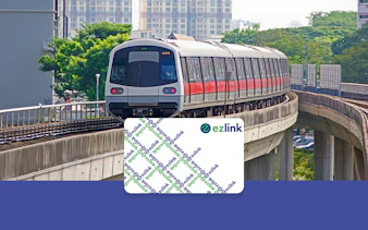 Singapore MRT train on elevated track with EZ-Link card overlay.