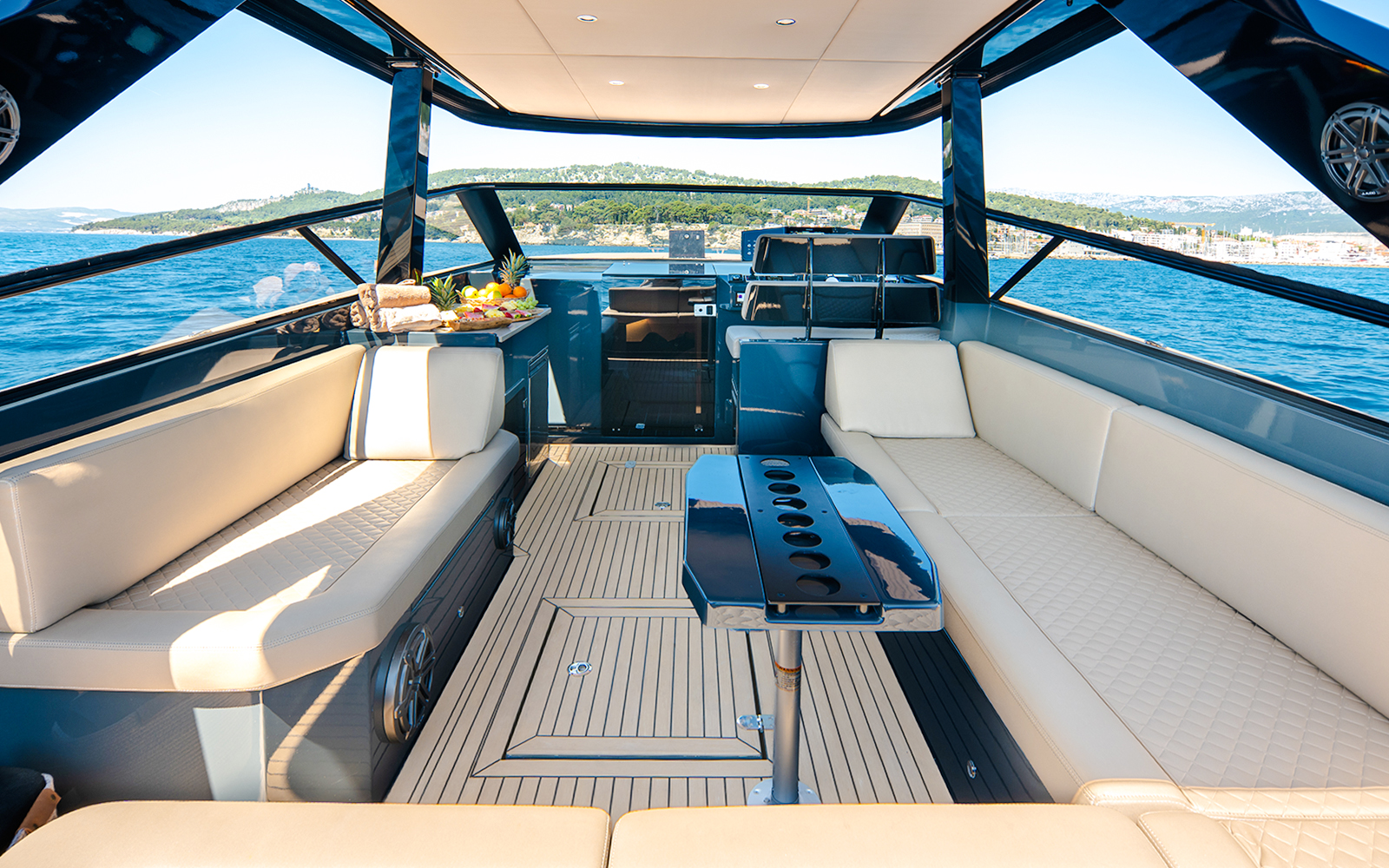 Interior of speedboat with seating and table during Blue Lagoon, Golden Horn & Hvar tour.
