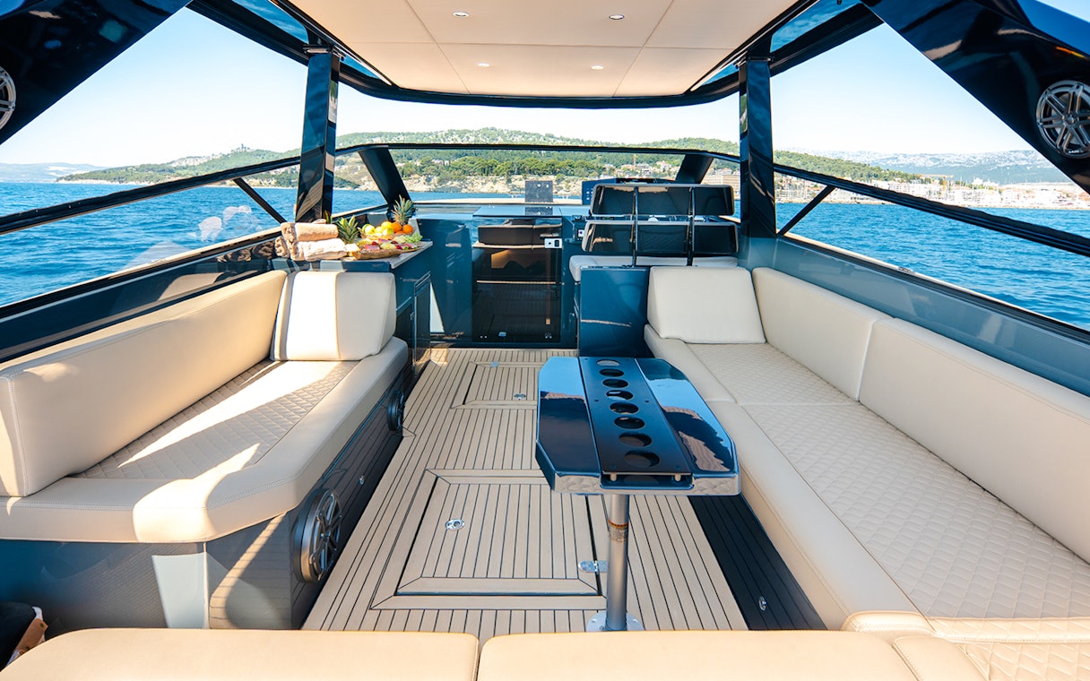 Interior of speedboat with seating and table during Blue Lagoon, Golden Horn & Hvar tour.