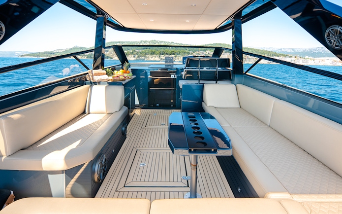 Interior of speedboat with seating and table during Blue Lagoon, Golden Horn & Hvar tour.