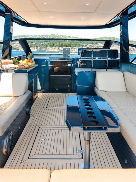 Interior of speedboat with seating and table during Blue Lagoon, Golden Horn & Hvar tour.