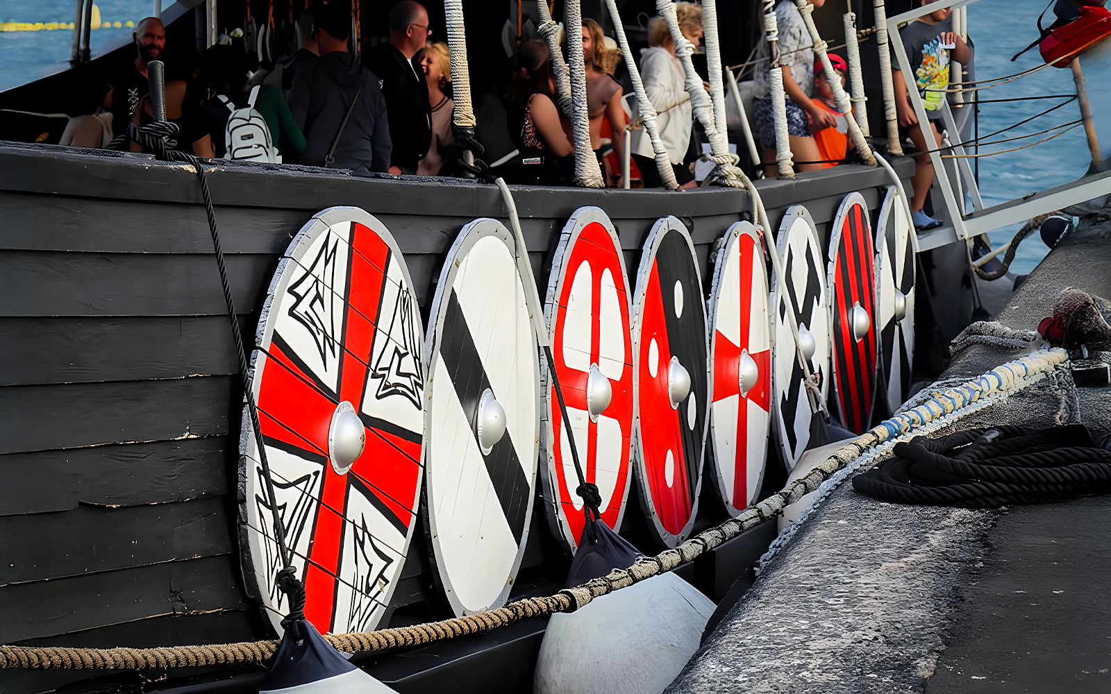 Viking shields on a boat for Viking Themed Whale & Dolphin Watching Cruise.