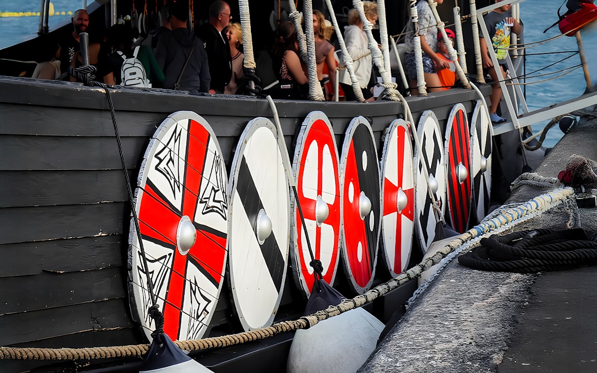 Viking shields on a boat for Viking Themed Whale & Dolphin Watching Cruise.
