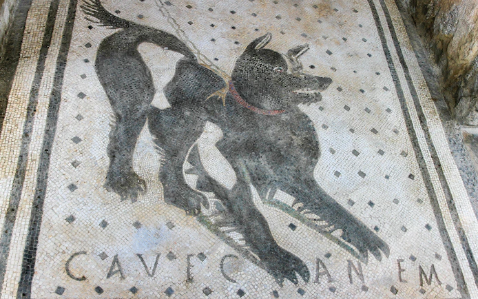 Mosaic of a dog with "Cave Canem" inscription in Pompeii.