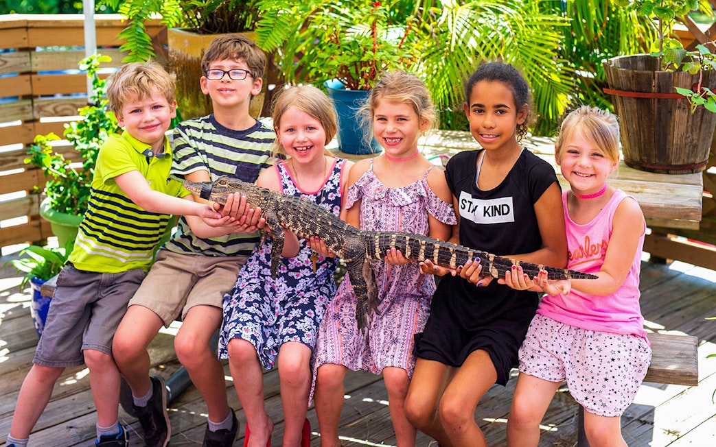 Children holding a small alligator during Everglades airboat tour experience.