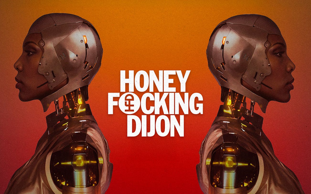 Two futuristic figures with robotic elements, text "Honey Fucking Dijon" in the center.