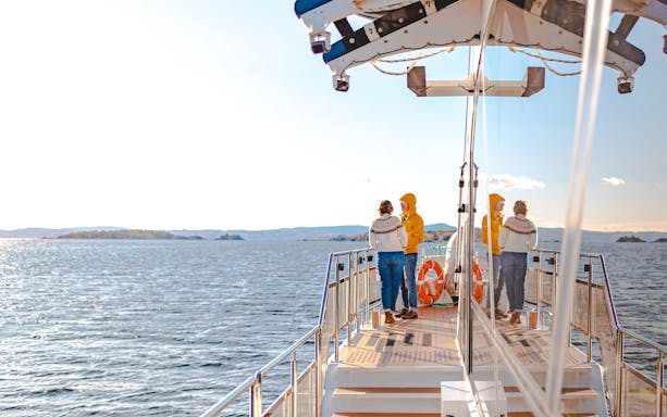 Cruise passengers on deck enjoying Oslo fjord views during a silent sightseeing tour.