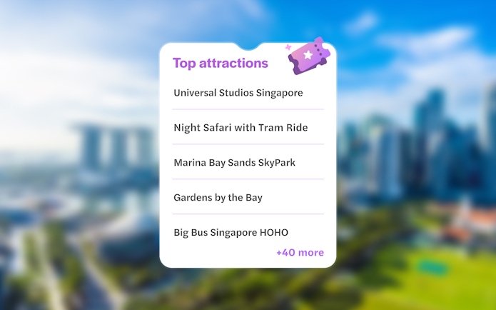 Top attractions list with Marina Bay Sands, Singapore.