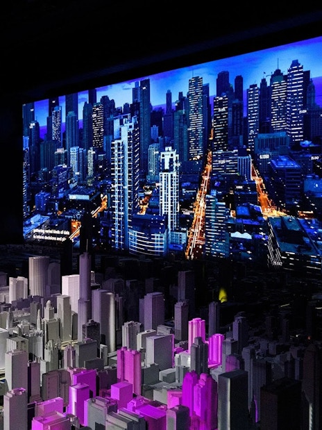 Chicago Architectural Center exhibit with city model and skyline display.