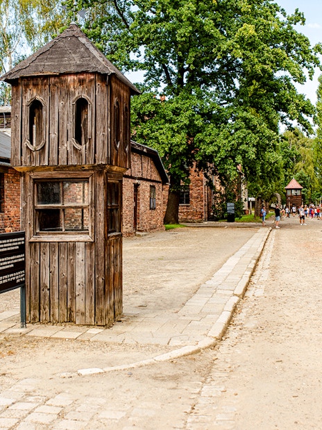 Watchtower along a guided tour path at Auschwitz-Birkenau.