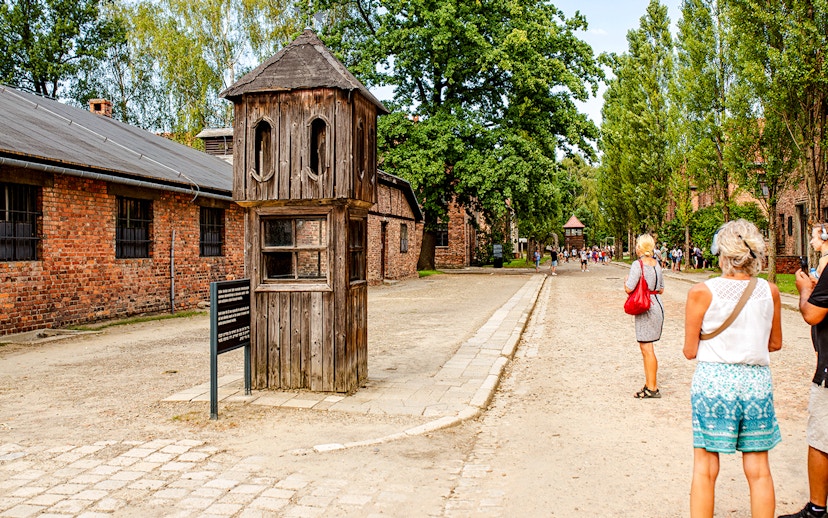 Watchtower along a guided tour path at Auschwitz-Birkenau.