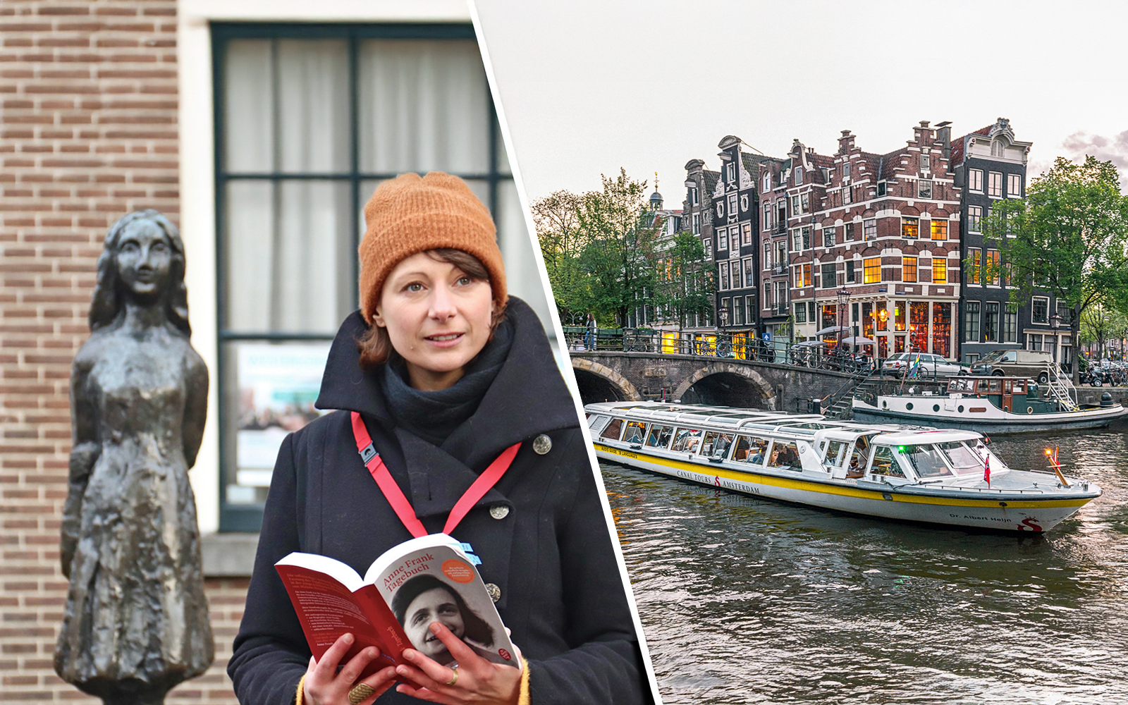 Anne Frank statue and guide with book, Amsterdam canal tour boat in background.