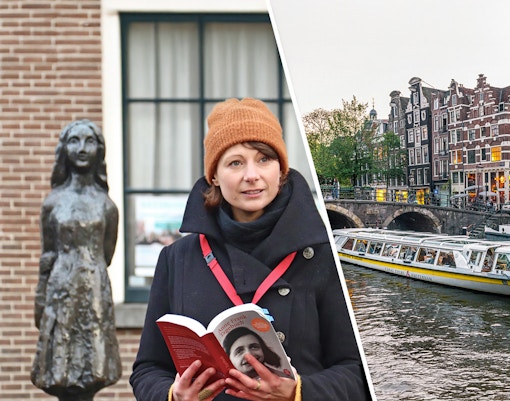 Anne Frank statue and guide with book, Amsterdam canal tour boat in background.