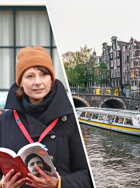 Anne Frank statue and guide with book, Amsterdam canal tour boat in background.