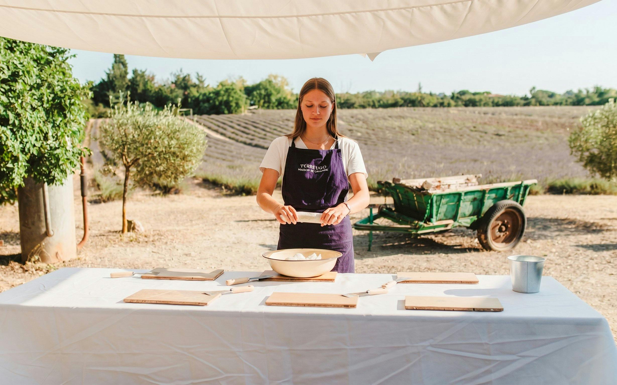 Soap making workshop in Terre Ugo, Provence with lavender fields in the background.