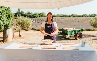 Soap making workshop in Terre Ugo, Provence with lavender fields in the background.
