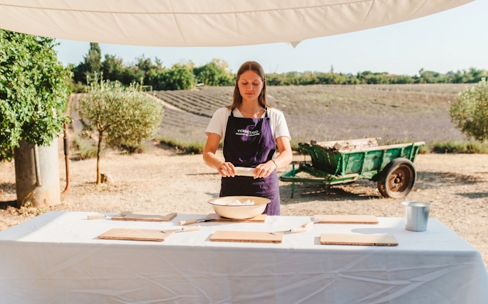 Soap making workshop in Terre Ugo, Provence with lavender fields in the background.