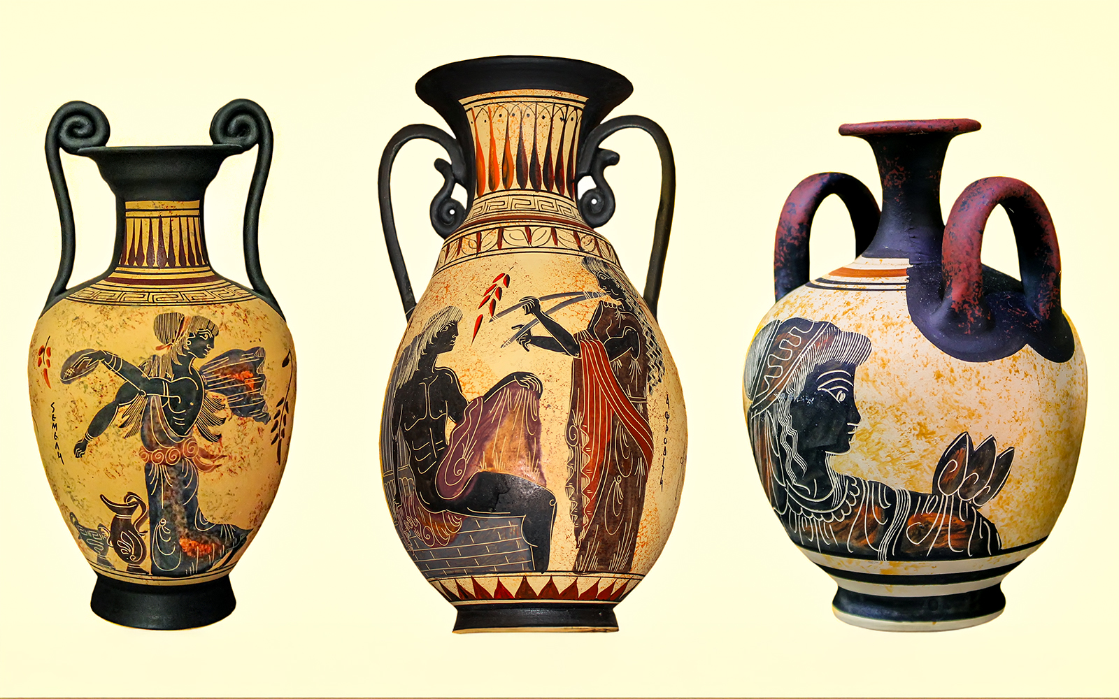 Ancient Greek vase with intricate patterns displayed in a pottery workshop.