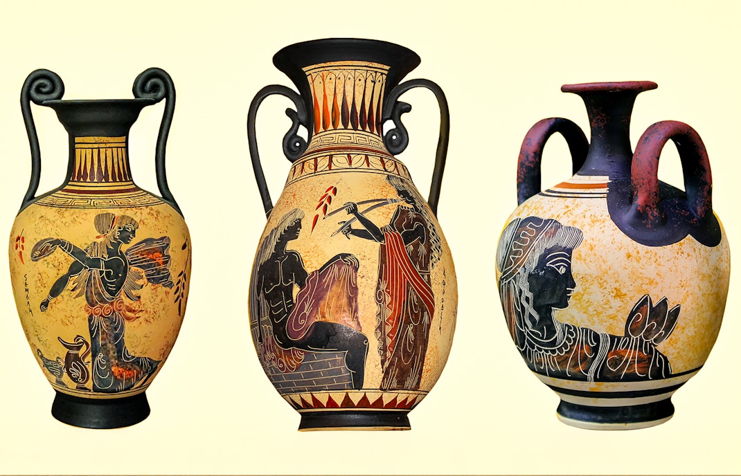 Ancient Greek vase with intricate patterns displayed in a pottery workshop.
