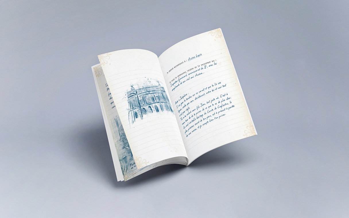 Open notebook with sketch of Garnier Opera, part of Arsene Lupin Immersive Game.