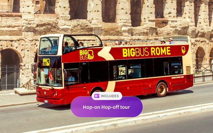 Hop-on hop-off bus in front of the Colosseum, Rome.