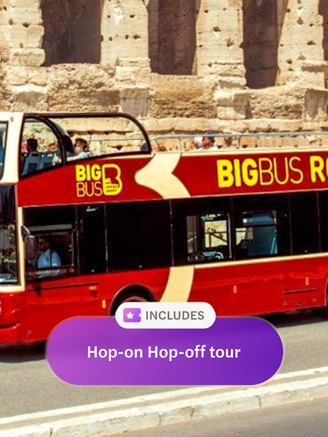Hop-on hop-off bus in front of the Colosseum, Rome.
