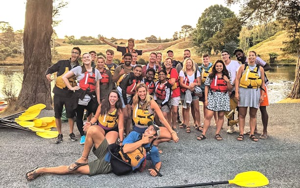 Group of kayakers in life vests preparing for Evening Glowworm Kayak Guided Tour in Tauranga.