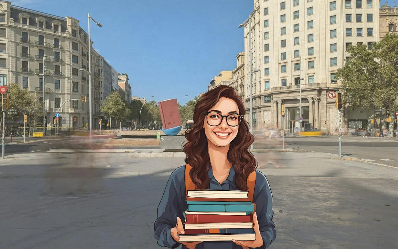 Self-guided city exploration game in Barcelona with a woman holding books in a bustling square.