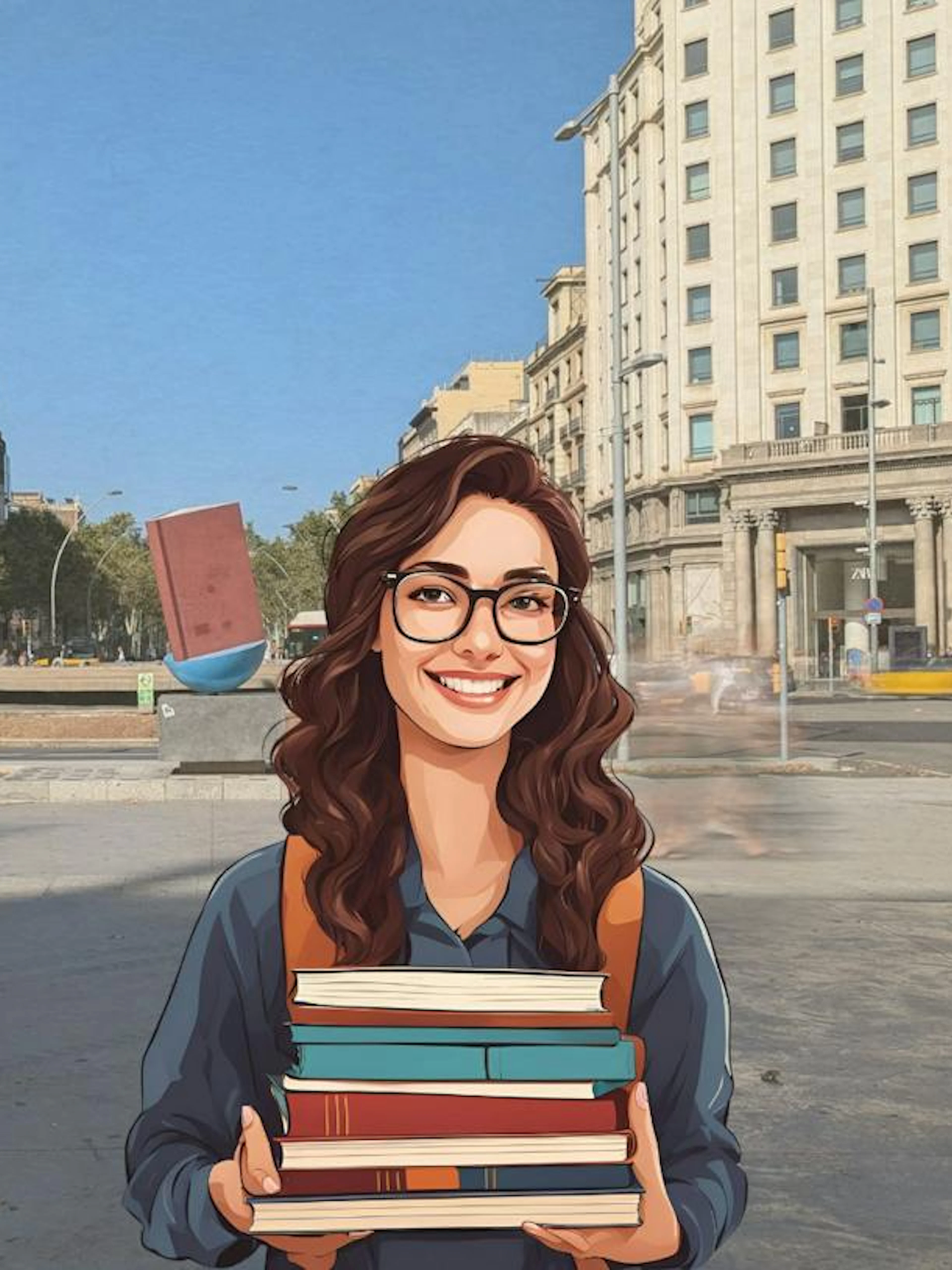 Self-guided city exploration game in Barcelona with a woman holding books in a bustling square.